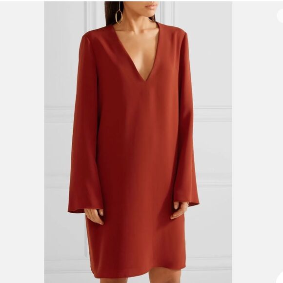 Theory Ulyssa Admiral Crepe Shift Dress Size S Brick Rust Red Bell Sleeve - Picture 1 of 12